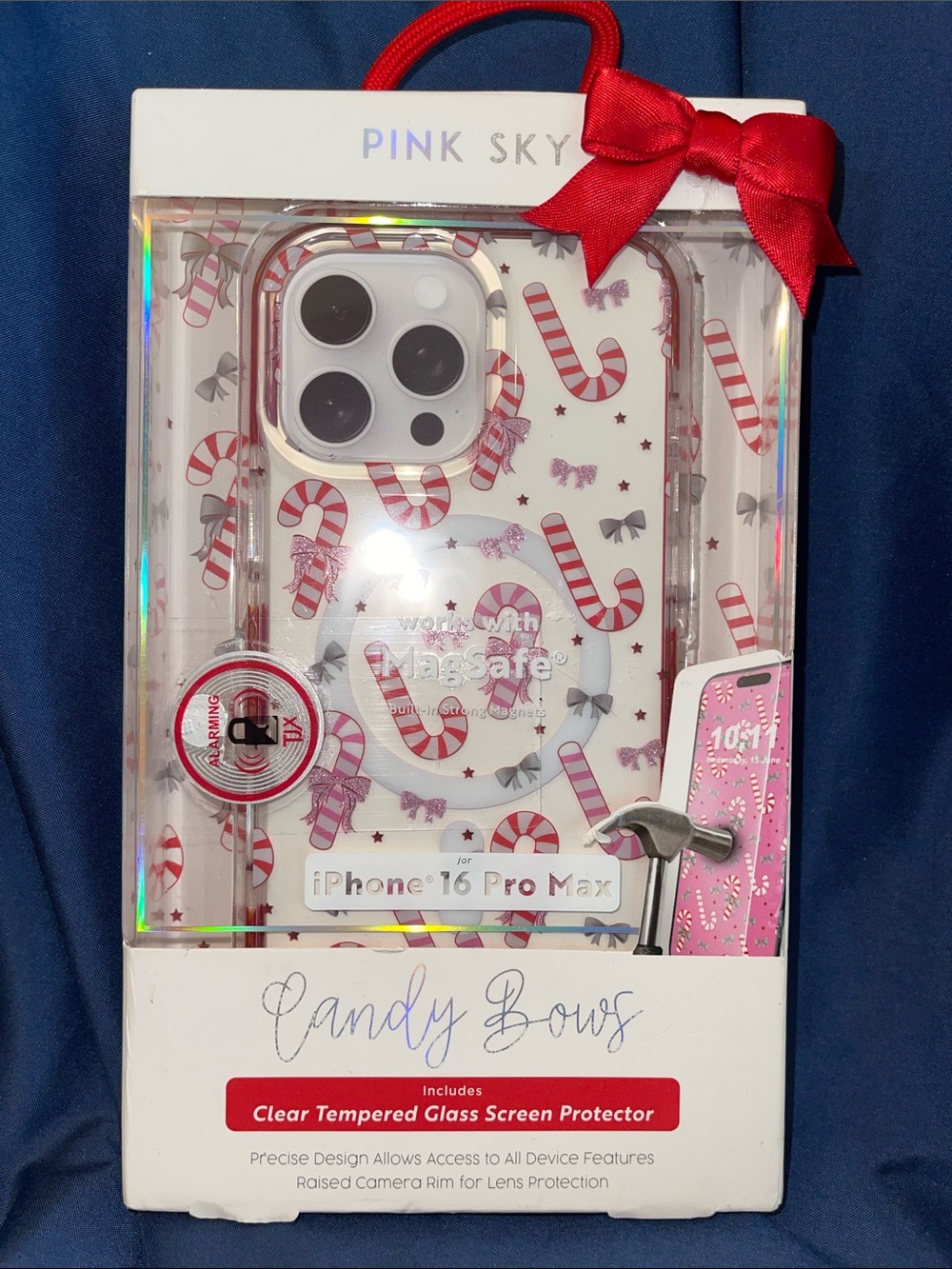 Pink Sky Candy Bows iPhone 16 Pro Max Case with MagSafe - Pink Candy Cane